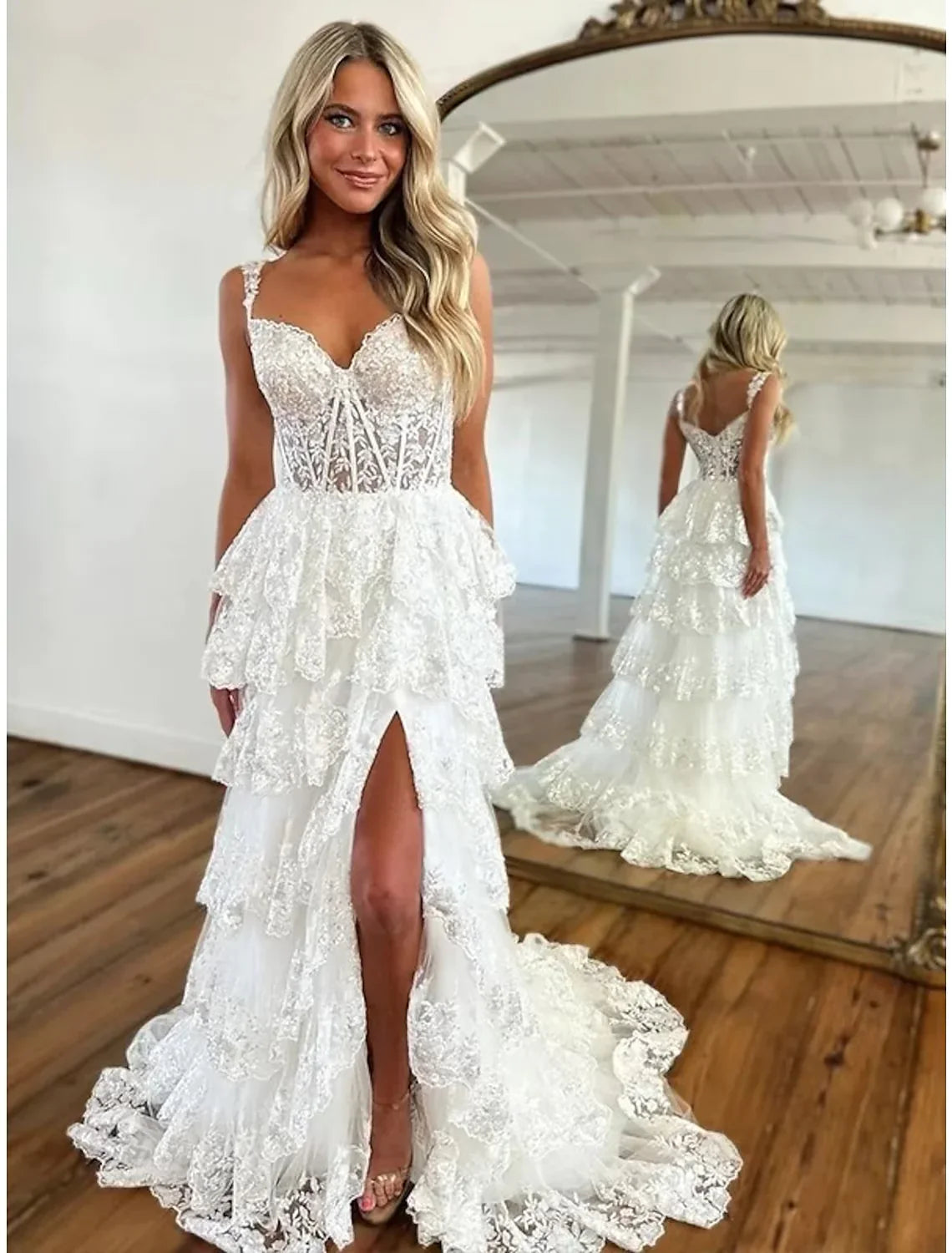 Pink Sequined Lace Layers Split Long Evening Prom Dress