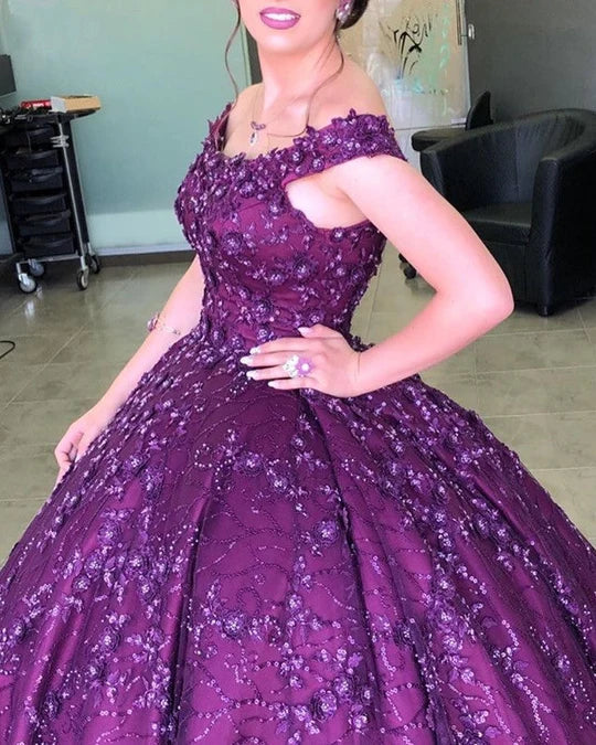 Elegant Purple Lace Ball Gown Off The Shoulder Quinceanera prom Dress For Sweet 16 cg19726