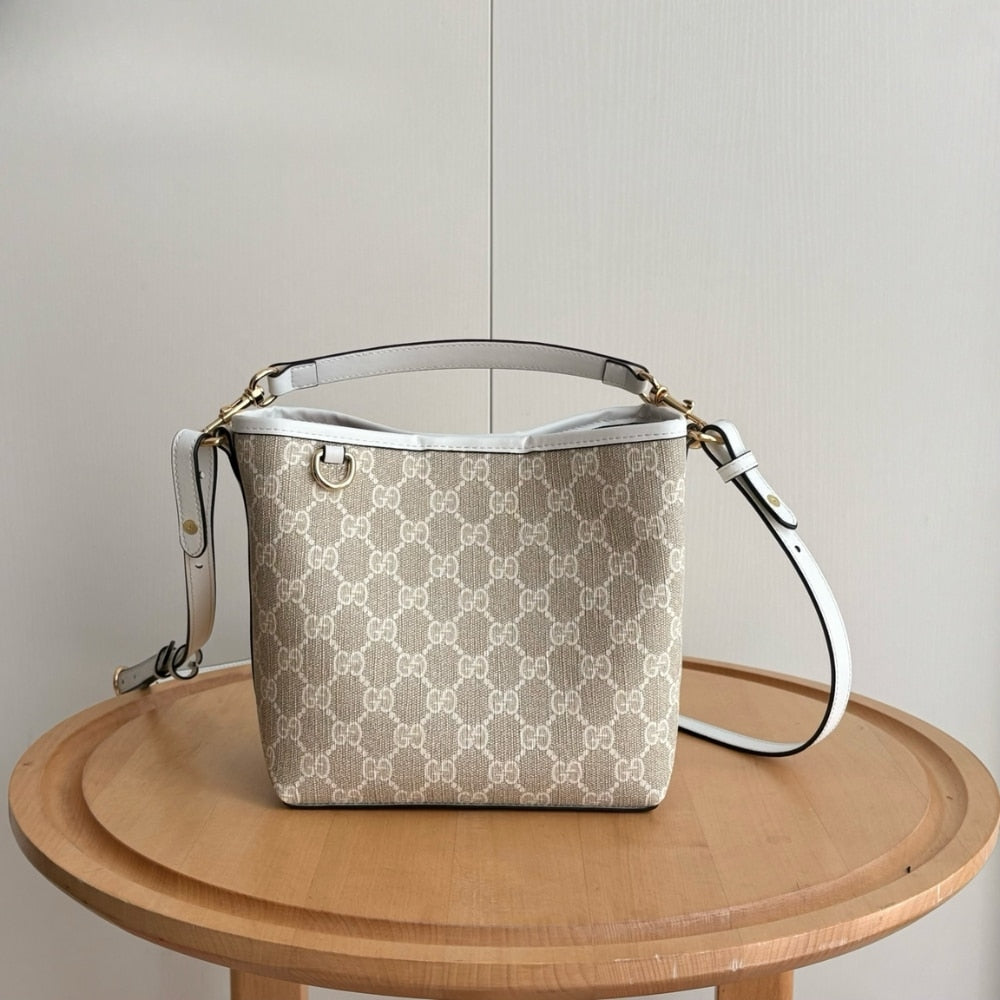 GUCCI GG EMBLEM SMALL BUCKET BAG BEIGE AND WHITE FABRIC 20CM 815118 FAD6L 9641