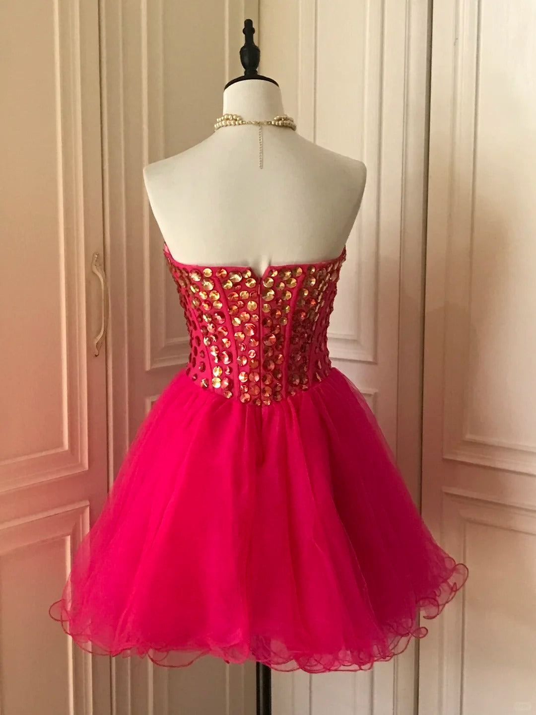 _¤ï_Pink retro noble princess short homecoming dress sequined tulle ball dress evening dress gh4392