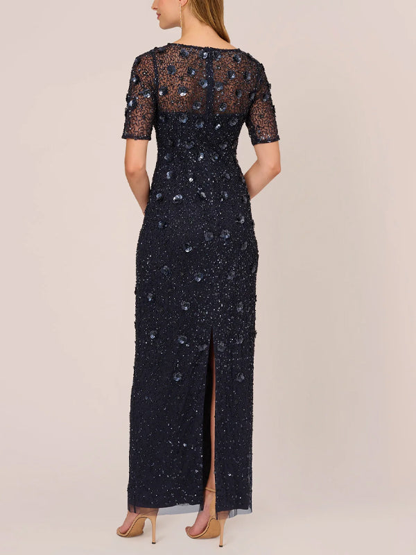 Round Neck Sequined Mesh Solid Color Maxi Dress