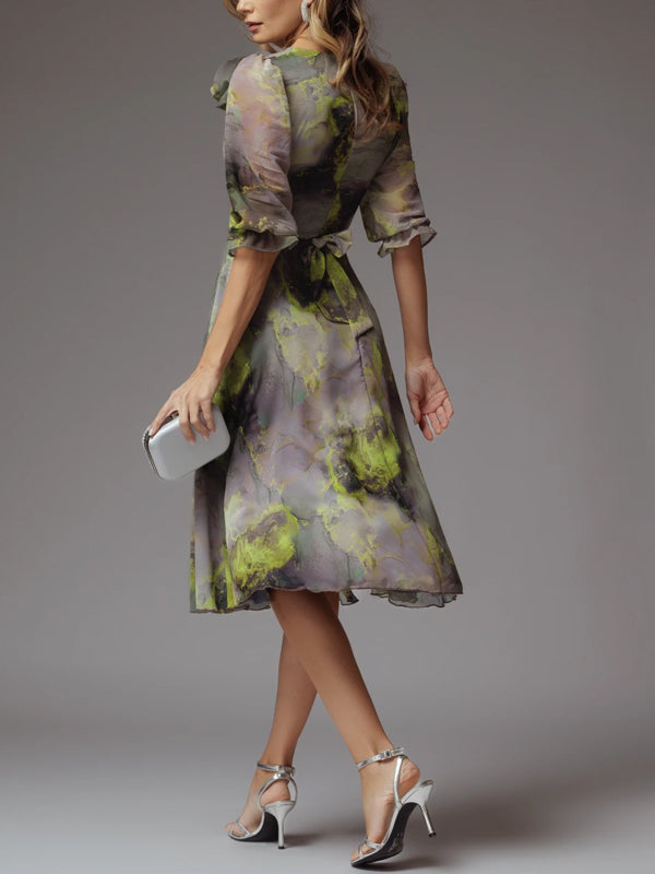 V-neck Chiffon Print Midi Dress