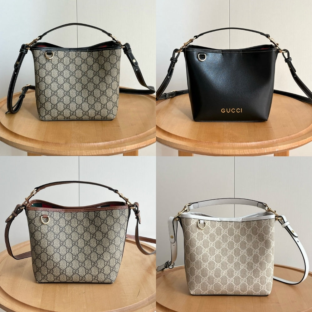 GUCCI GG EMBLEM SMALL BUCKET BAG BLACK LEATHER 20CM 815118 AAEC2 1000