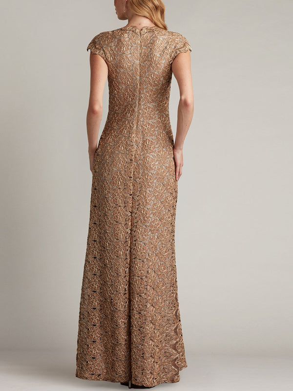 Round Neck Short Sleeve Lace Solid Color Maxi Dress