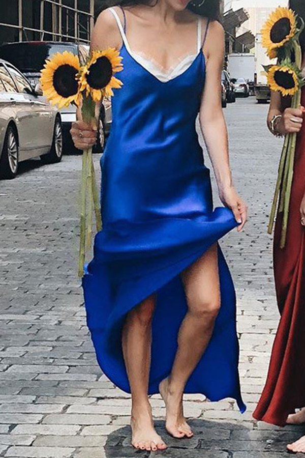 loveedsTM-Fashion Casual Solid Patchwork Slit V Neck A Line Dresses