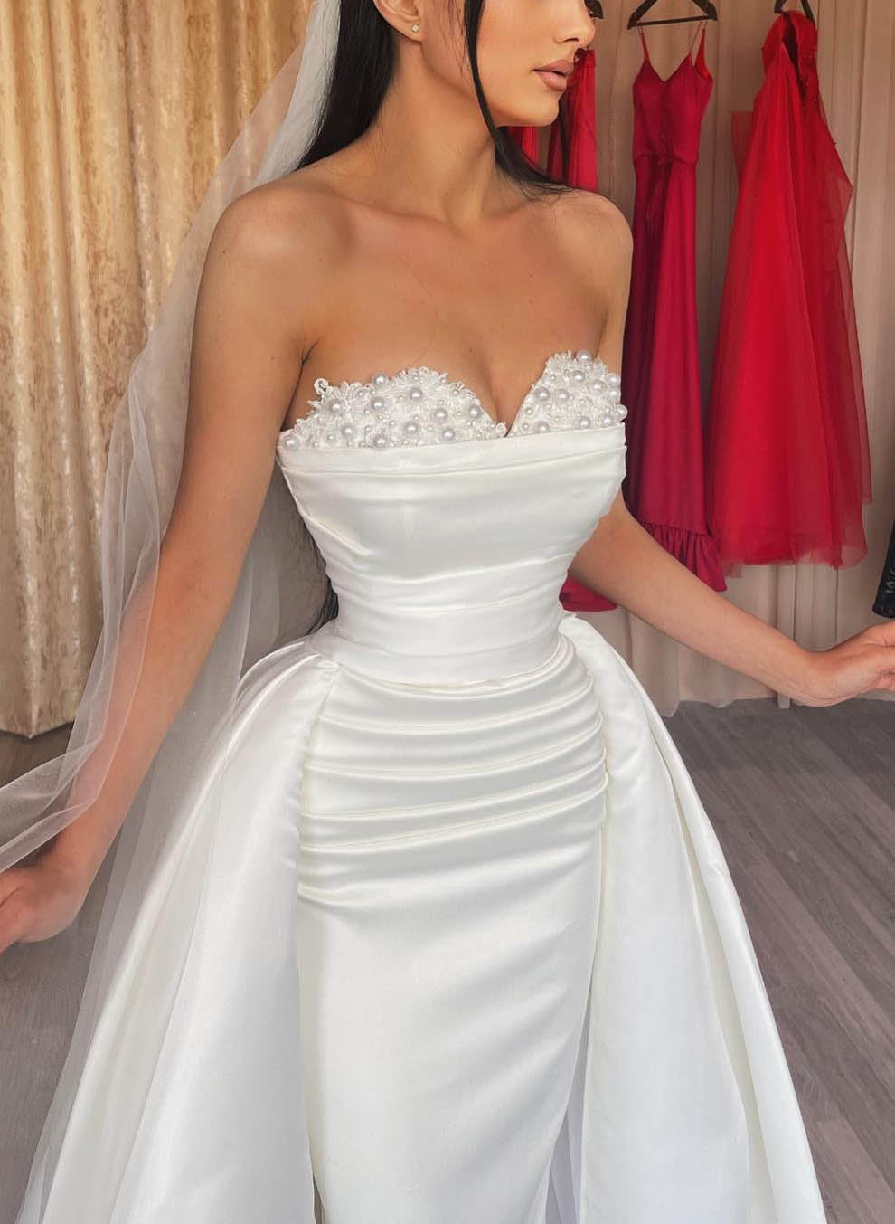 Mermaid Wedding Dresses With Detachable Skirt Sweetheart Long Sleeves Beaded With Pearls Wedding Dress fg4119