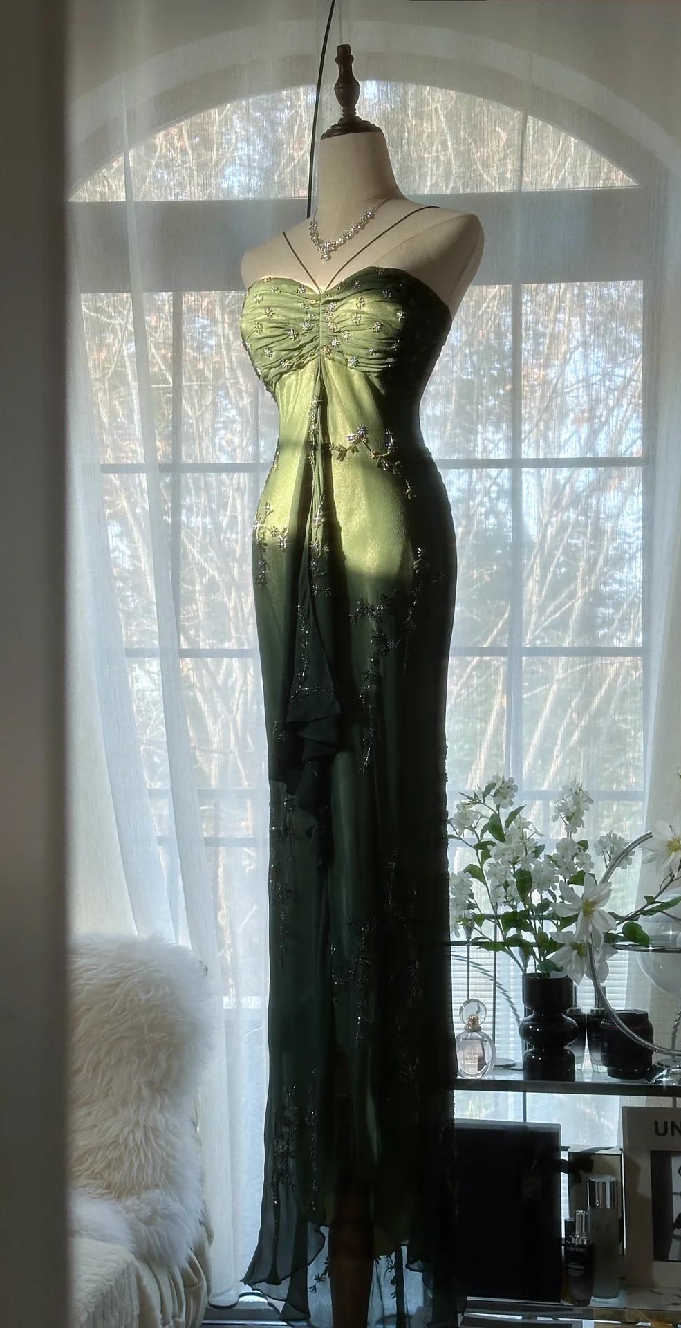 Vintageđź’š Forest Green Spaghetti Straps Long Prom Dresses Glitter Chiffon Beaded Elegant Party Dresses ED01717