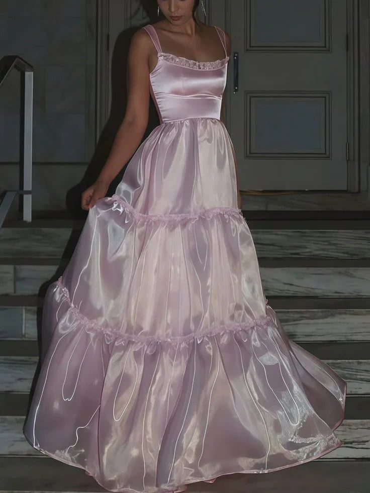 Pink Fashion Elegant Shiny A-line Spaghetti Strap Long satin Lace Ball Gown,Evening Dress,Party Dress gh3517