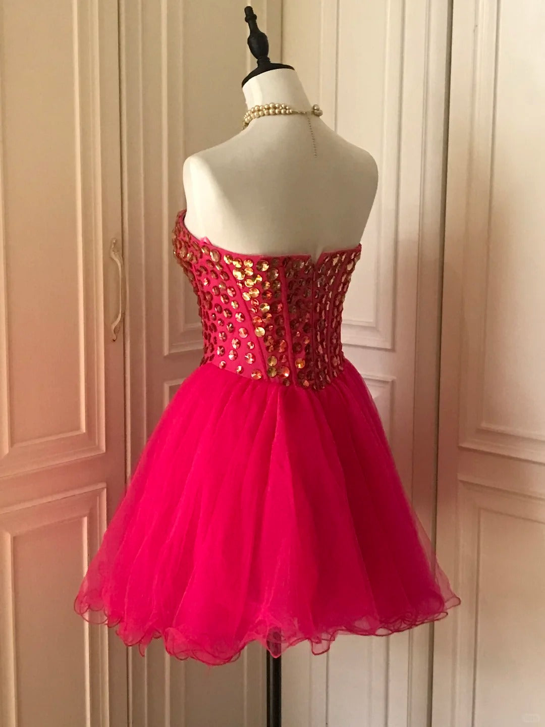 _¤ï_Pink retro noble princess short homecoming dress sequined tulle ball dress evening dress gh4392
