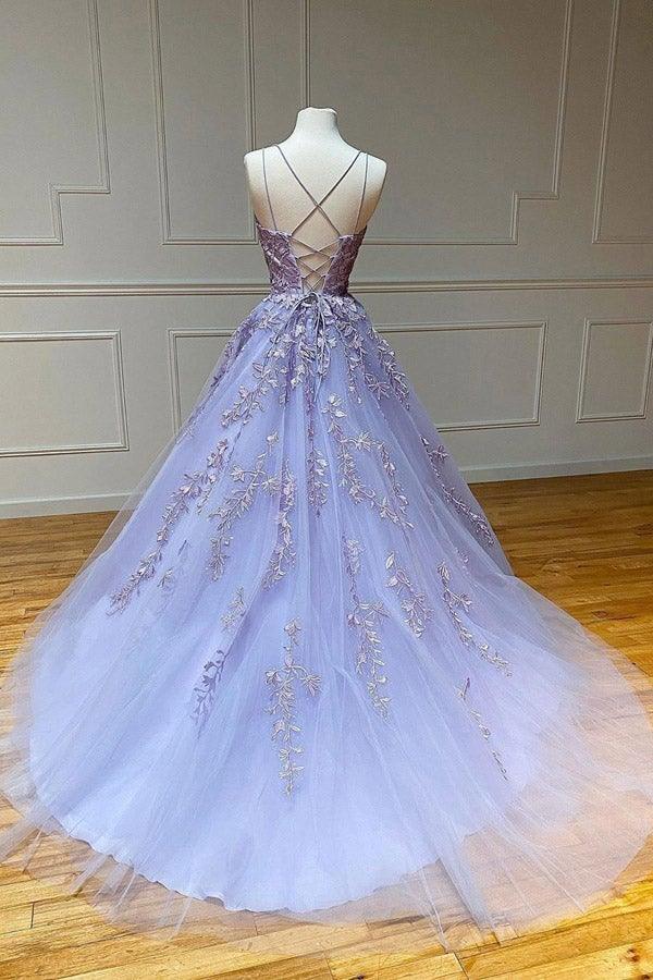 Tulle Lace Long Prom Dress Scoop Spaghetti Formal Evening Gowns PSK014