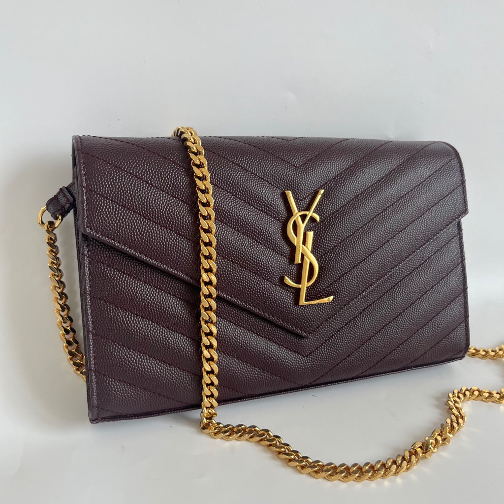 Saint Laurent burgundy Cassandre Chain Wallet in Matelassé Leather