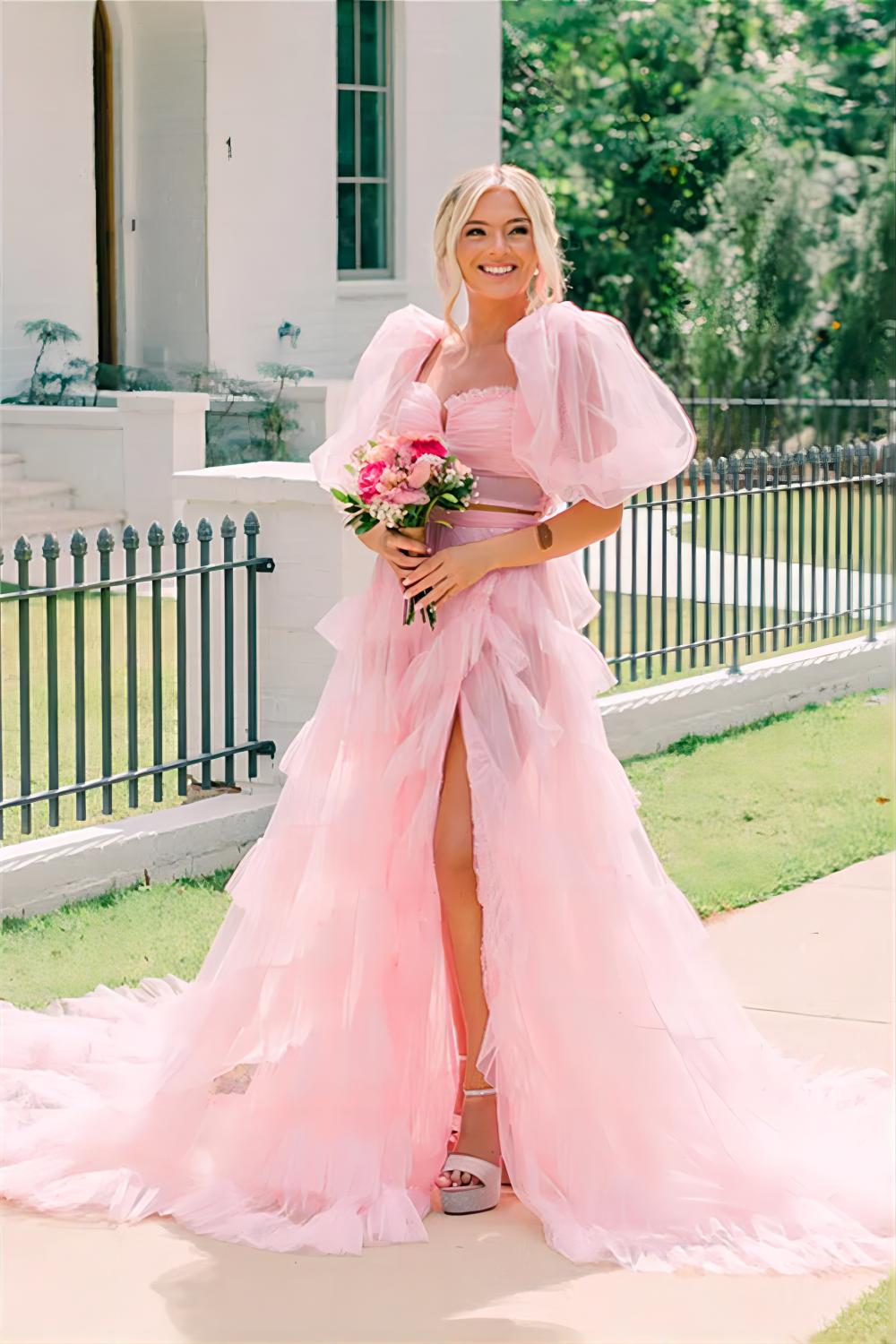 Two Pieces Pink Ruffles Long Evening Prom Dress