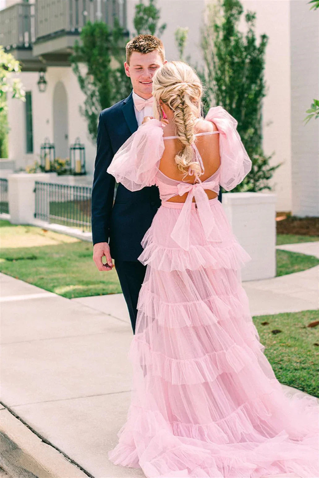 Two Pieces Pink Ruffles Long Evening Prom Dress