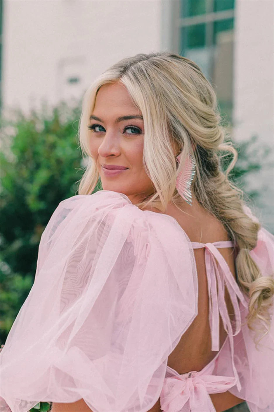 Two Pieces Pink Ruffles Long Evening Prom Dress