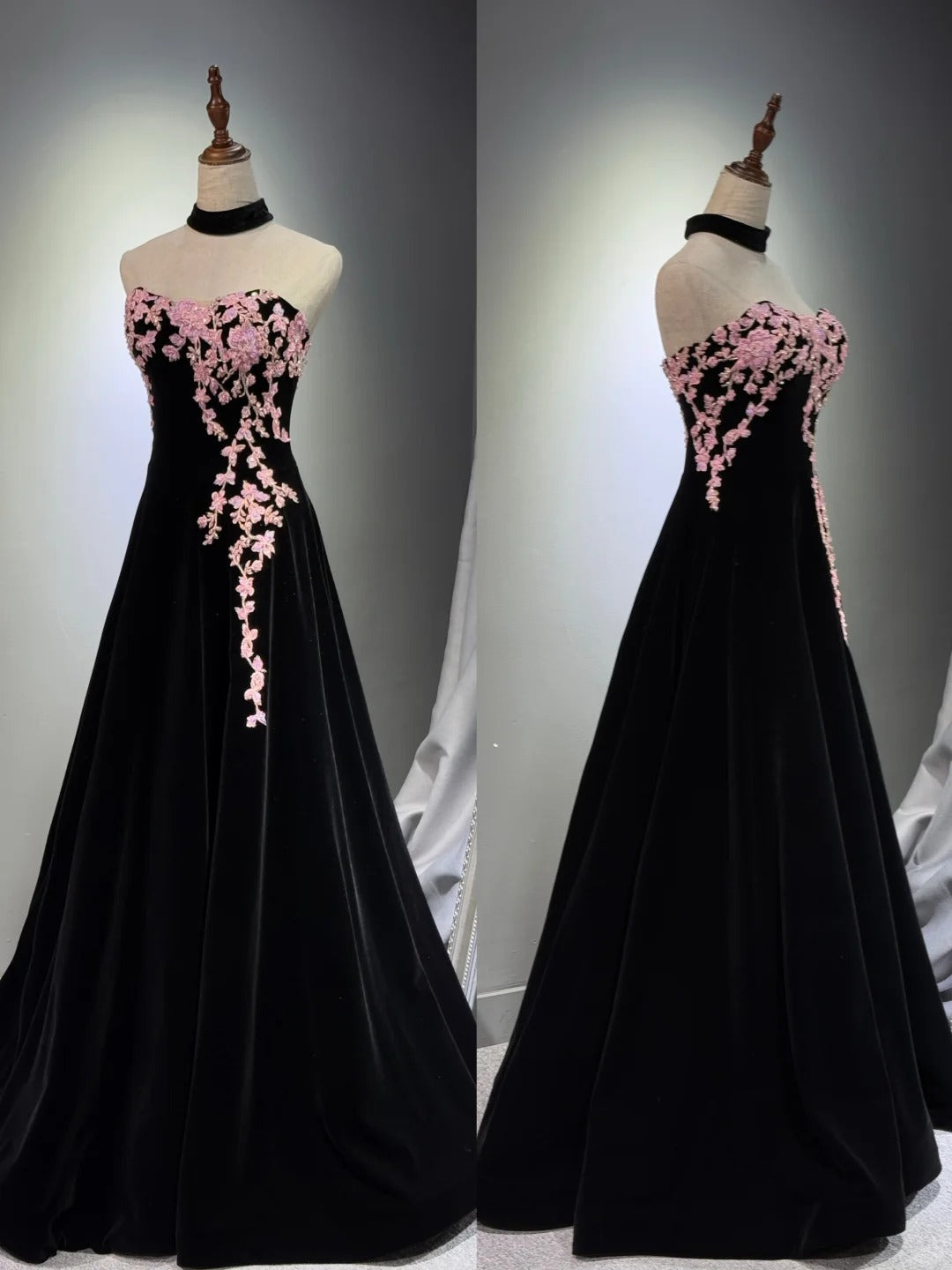 preppydressess -Black velvet floral long ball gown evening gown graduation dress gh5111