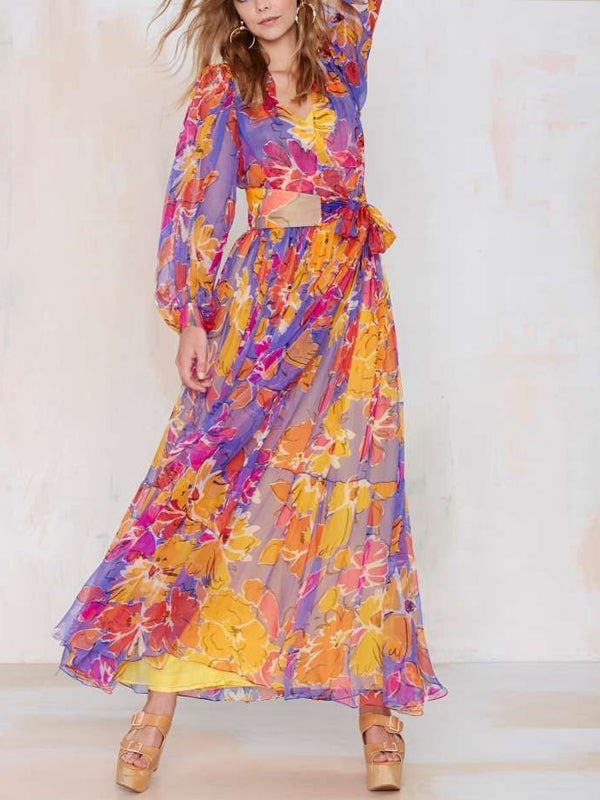 V-neck Chiffon Print Women's Skirt Suit