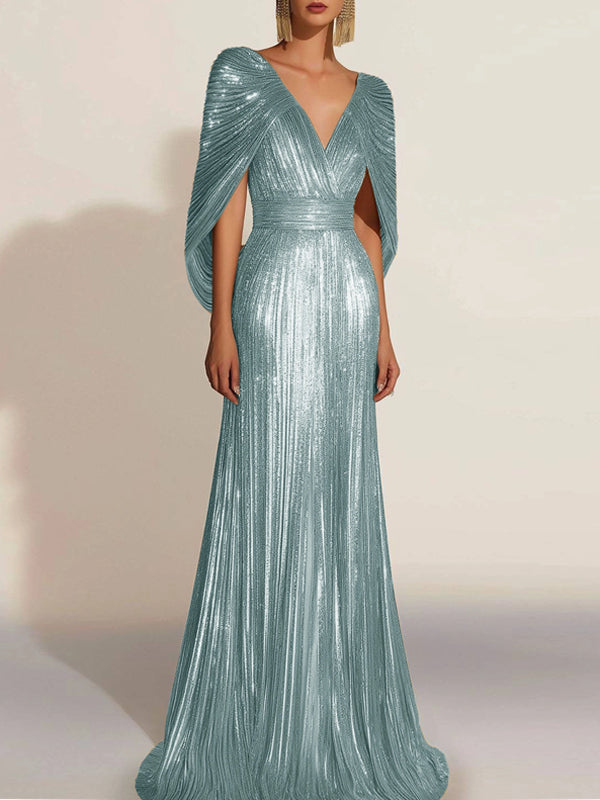Formal Evening Fringe Dress Gold Cape V-neck Floor-length Gown
