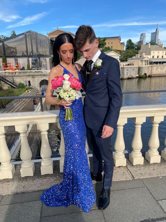Blue V-Neck Mermaid Prom Dress