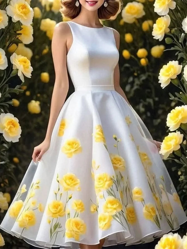 Elegant Floral Printing Crew Neck Knee Length Party Dress