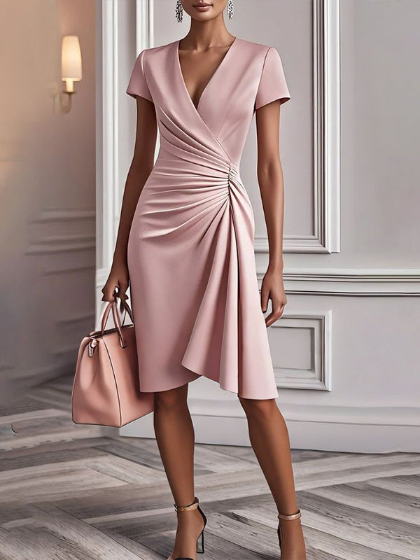 Pink V-neck Short Sleeves Midi Dress