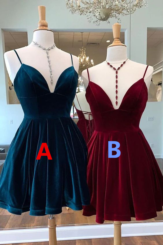 Velvet Homecoming Dress Tie Back Straps Formal Short Prom Dress SH1398