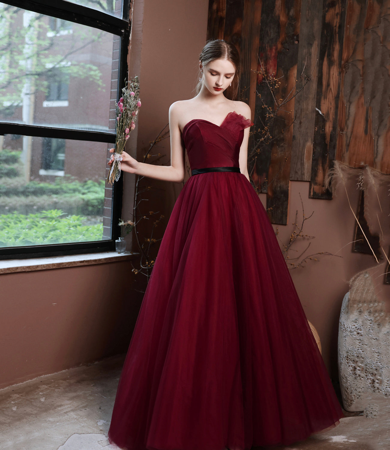 Burgundy off shoulder long A line prom dress evening dress 8797