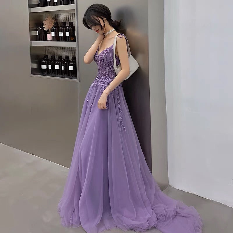 Purple tulle lace long prom dress A line evening gown 10127