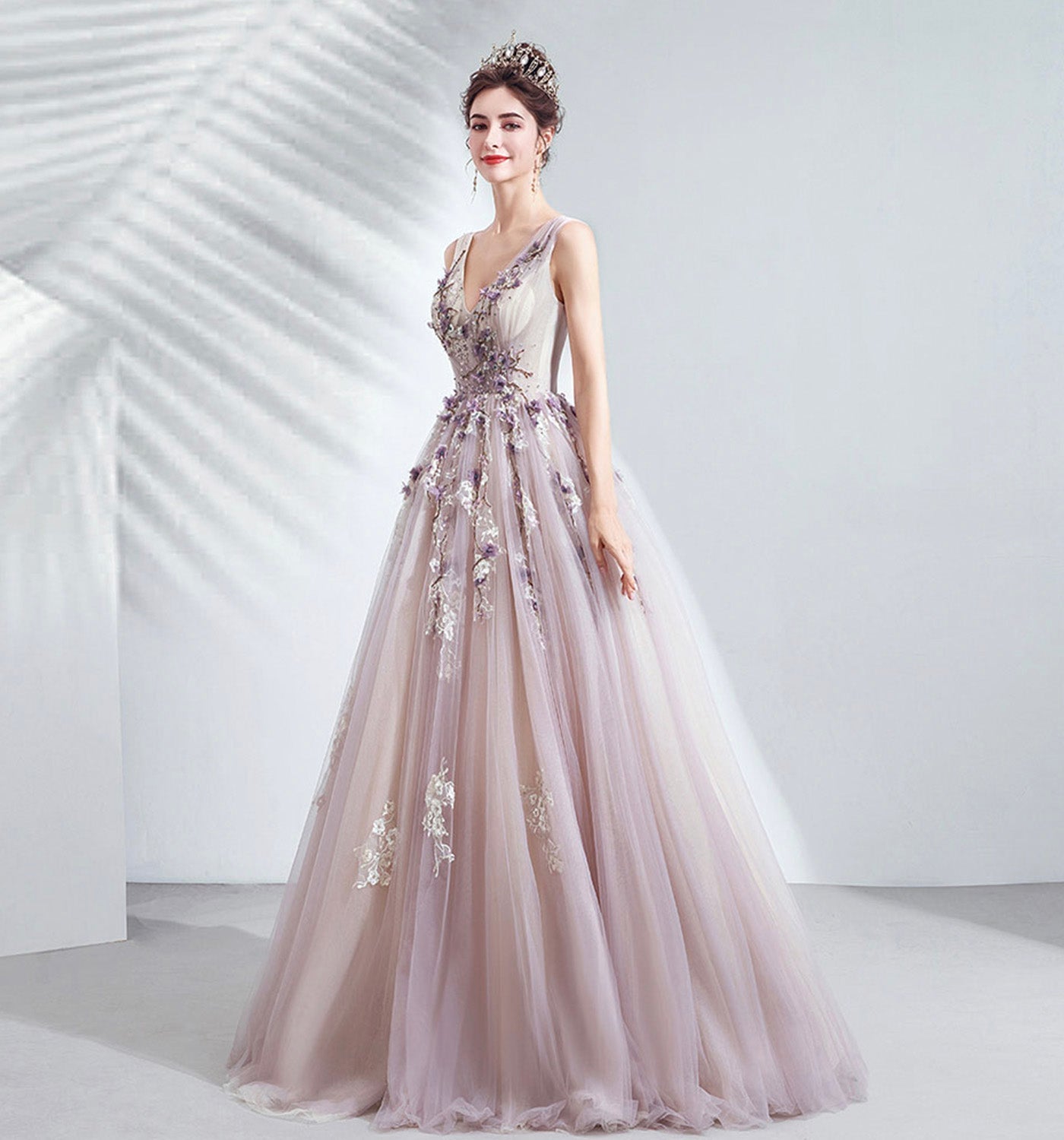 Purple tulle long A line prom dress evening gown 10073