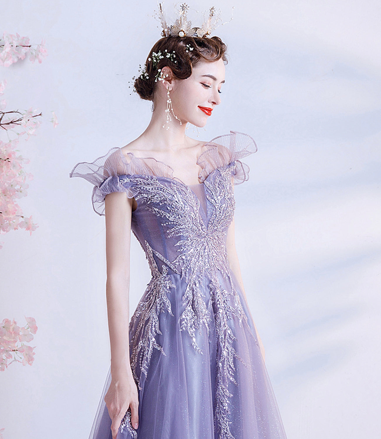Purple tulle sequins long prom dress A line evening dress 10463