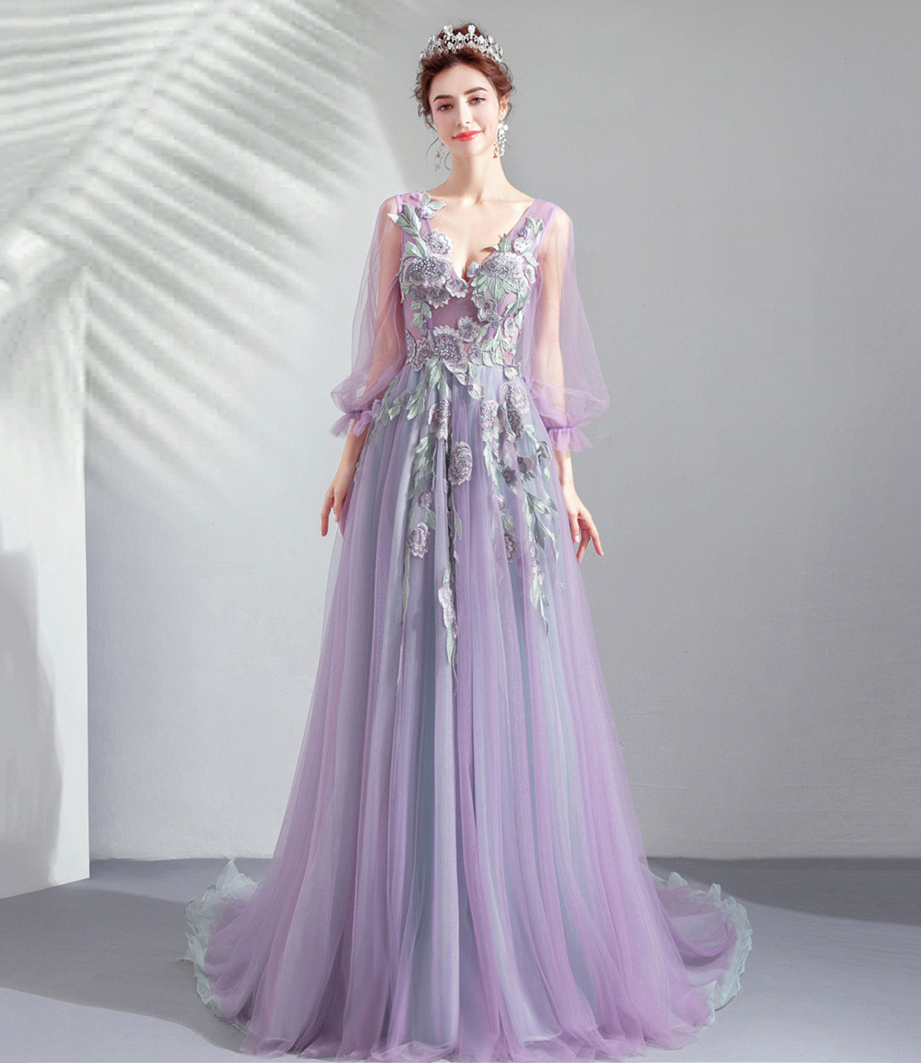 Purple tulle lace long prom dress A line evening dress 10552
