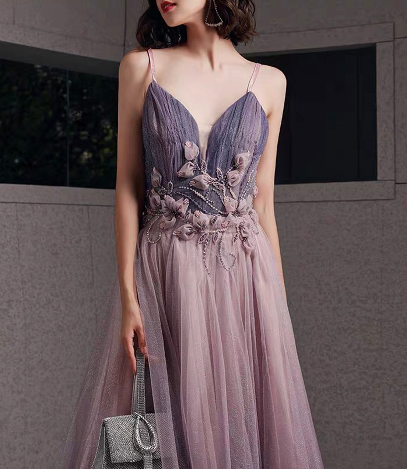 Purple tulle sequins long prom dress A line evening gown 10480