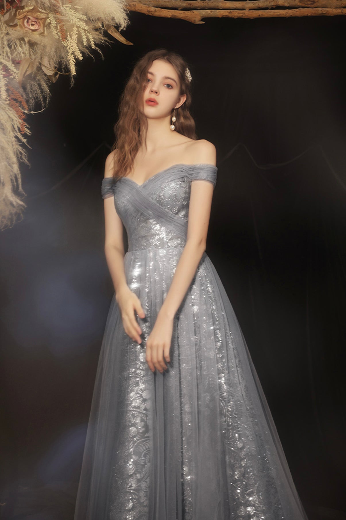 Grey long A line prom dress off shoulder evening dress 8592