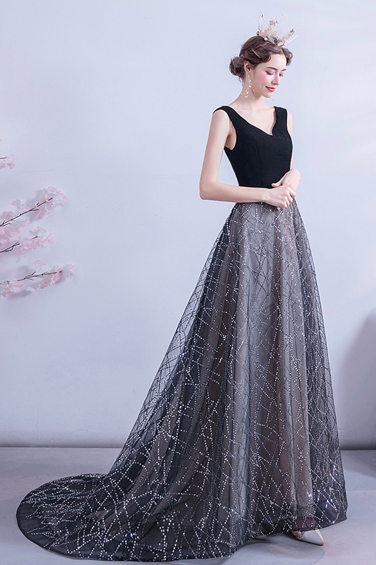 Black tulle sequins long A line prom dress evening dress 8731