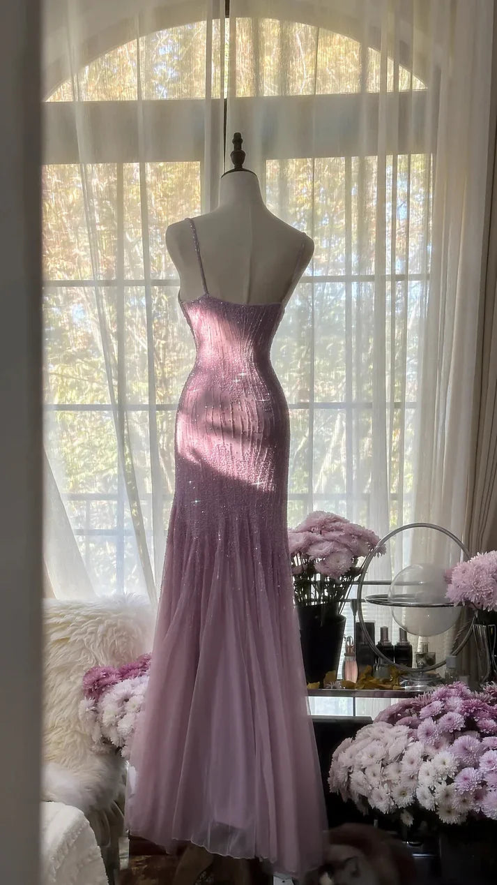 Pink Purple Gorgeous Shiny Elegant Exquisite Beaded Mermaid Slim Fit Long Chiffon Spaghetti Straps Tulle Sequins Formal Prom Dress Evening Dress Party Dress gh3654
