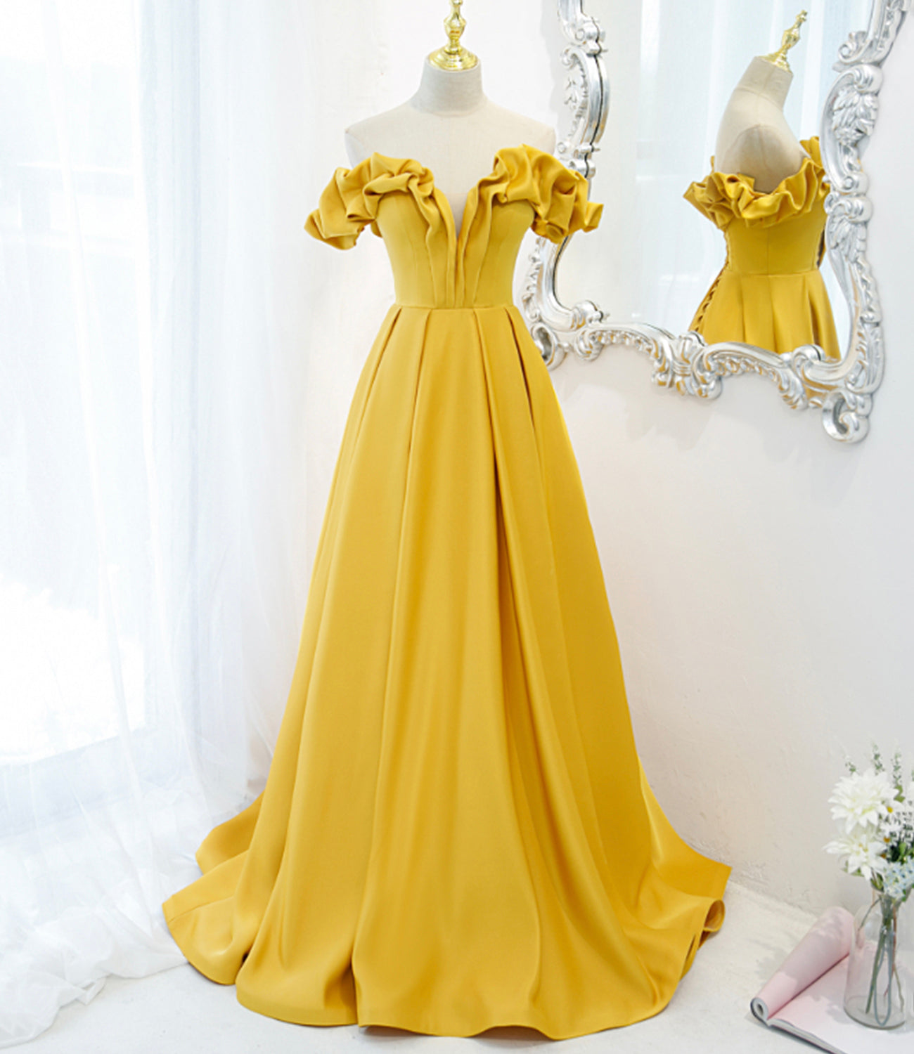 Yellow satin long A line prom dress evening dress 8812