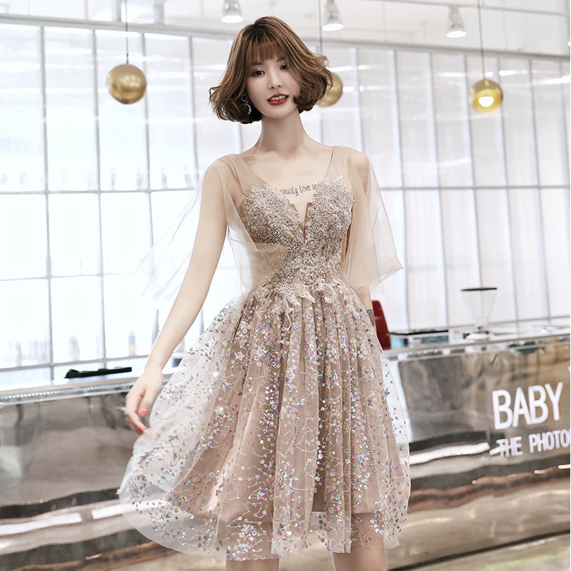 Champagne sequins short prom dress 8332