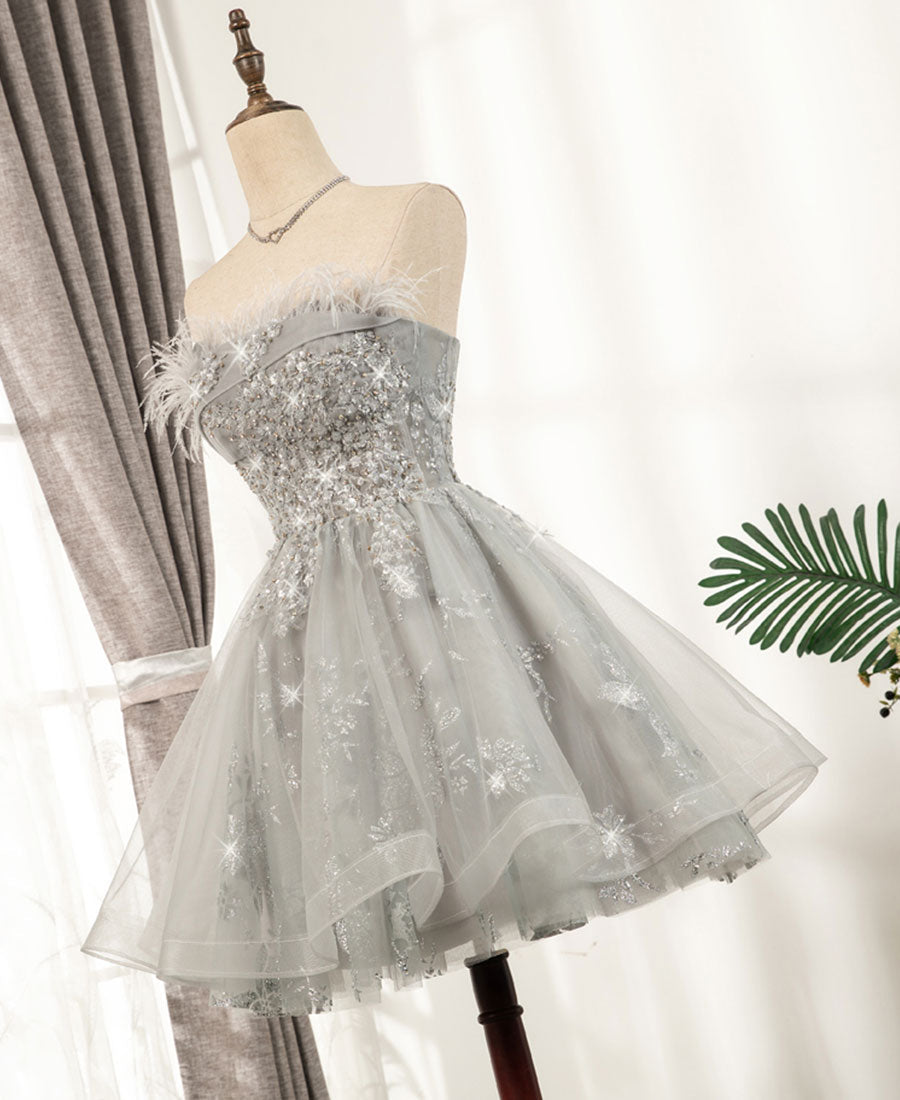 Gray tulle sequins short prom dress 8331