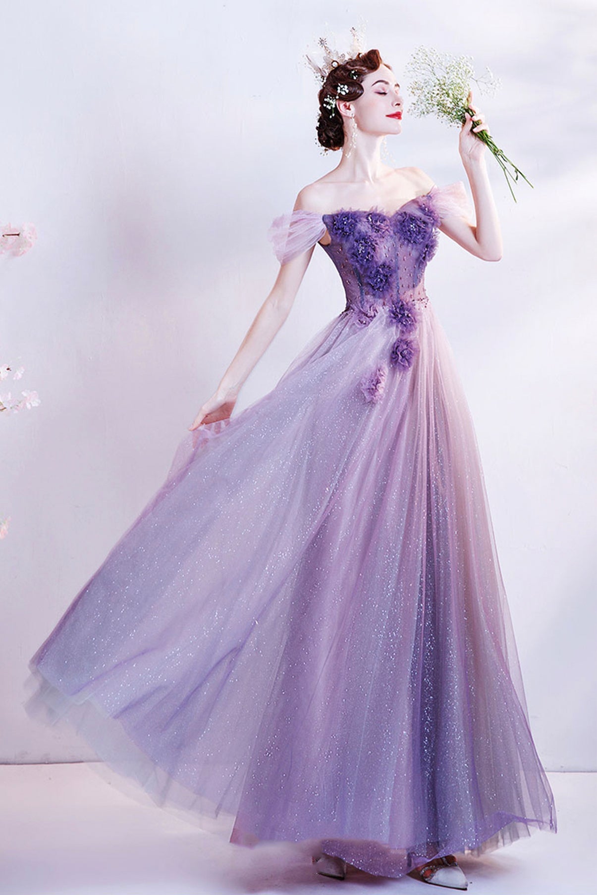 Purple tulle long A line prom dress evening dress 8740