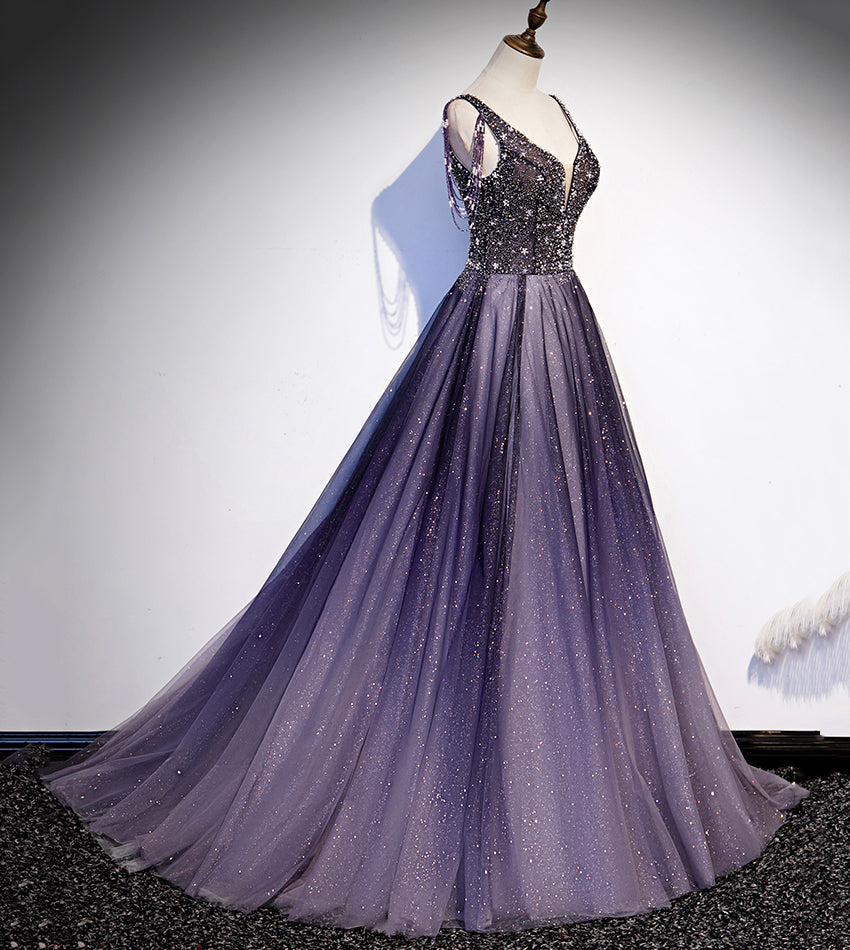 Purple v neck tulle beads long prom dress evening dress 8556