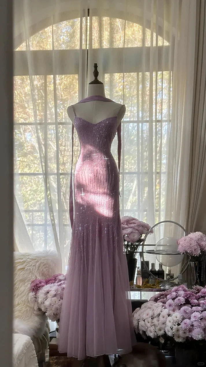 Pink Purple Gorgeous Shiny Elegant Exquisite Beaded Mermaid Slim Fit Long Chiffon Spaghetti Straps Tulle Sequins Formal Prom Dress Evening Dress Party Dress gh3654