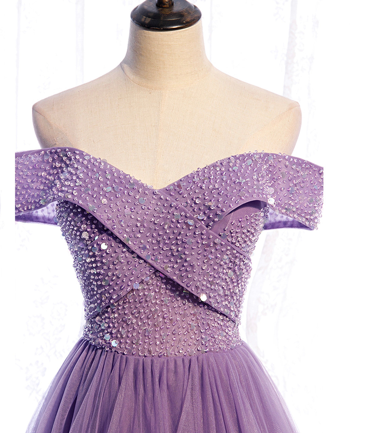Purple tulle beads long A line prom dress evening dress 8790