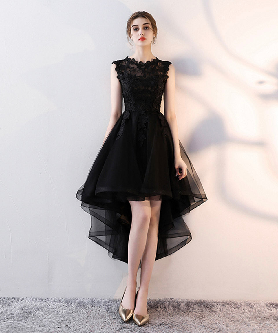 Black tulle lace high low prom dress evening dress 8416