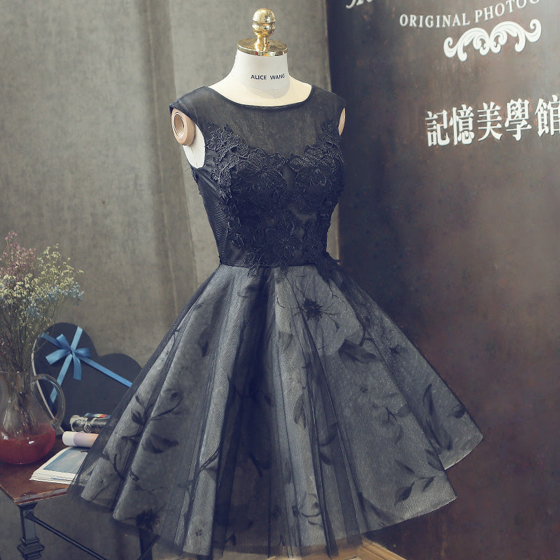 Black round neck lace short prom dress, homecoming dress 7923