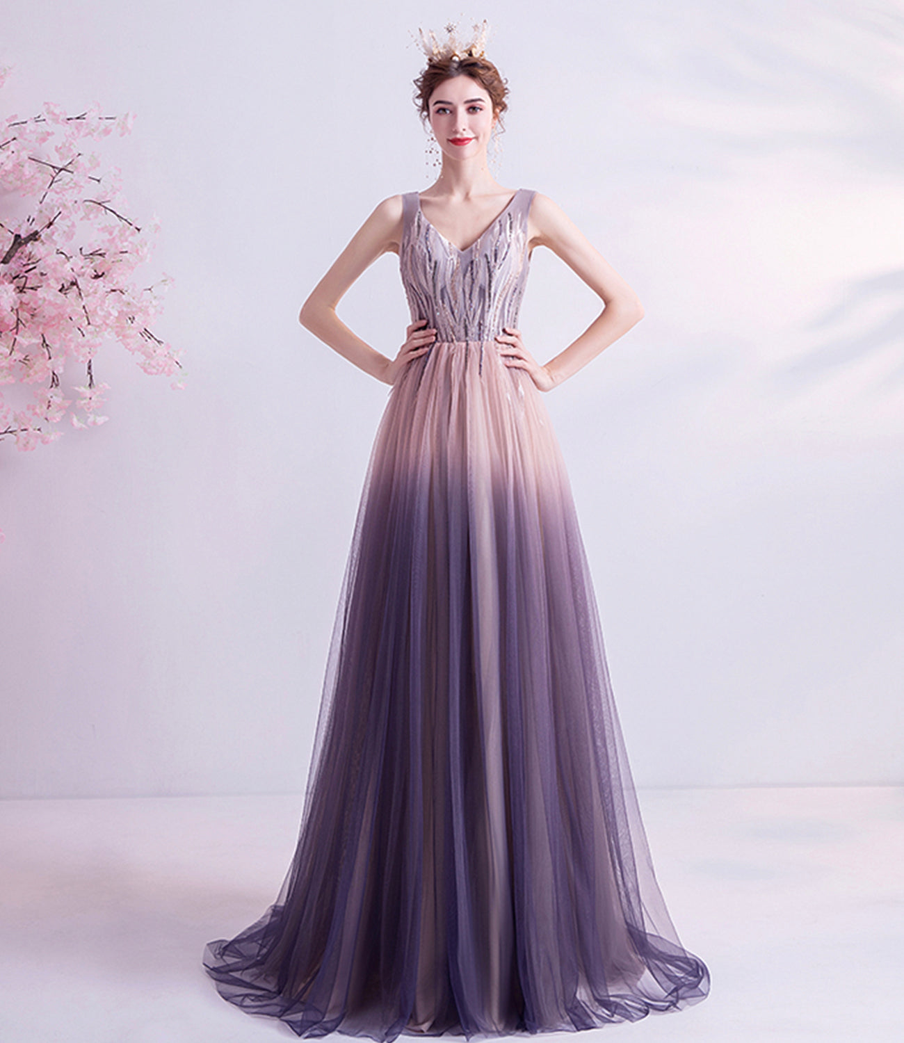 Purple gradient tulle long A line prom dress evening dress 8749