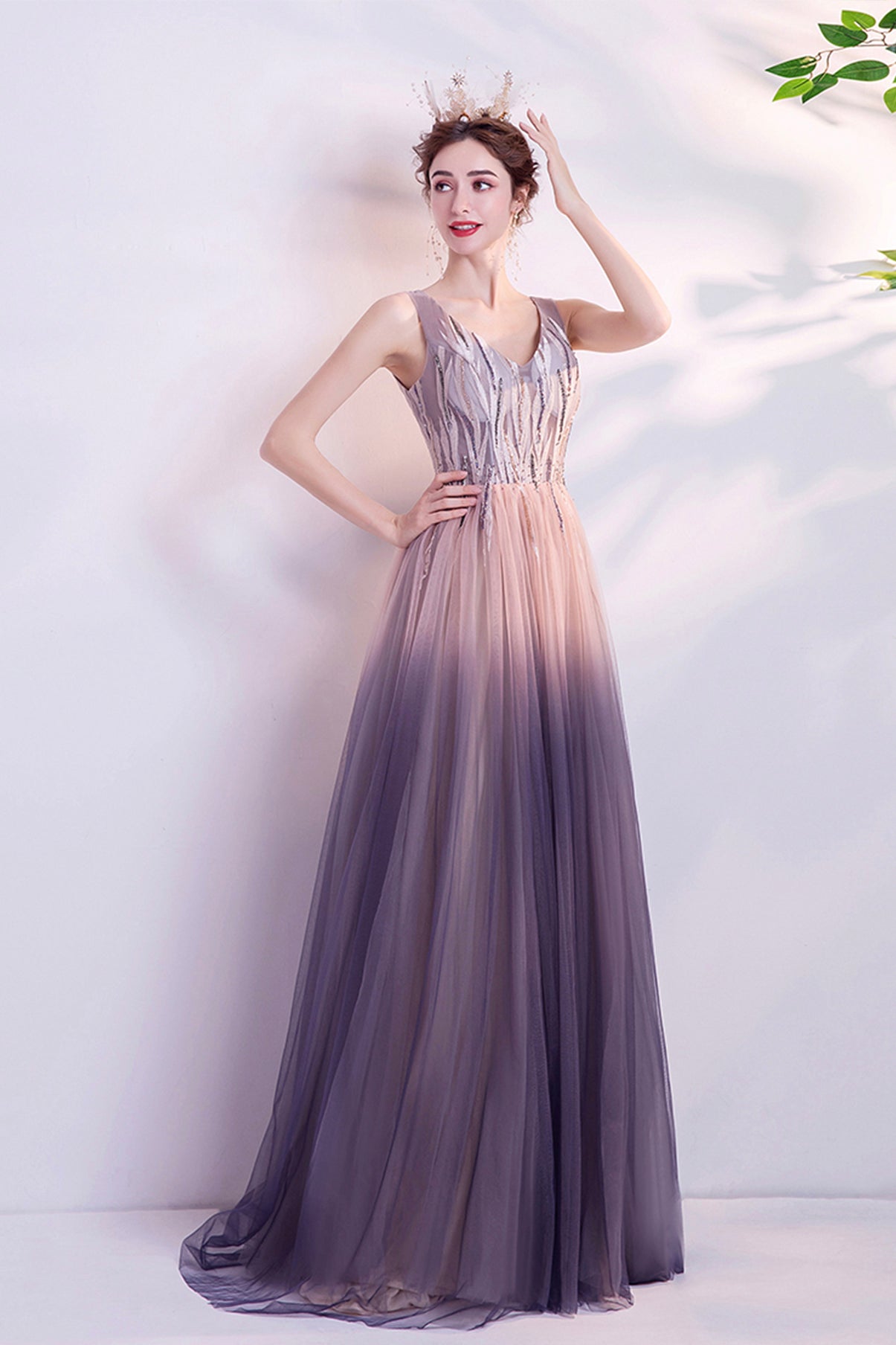 Purple gradient tulle long A line prom dress evening dress 8749