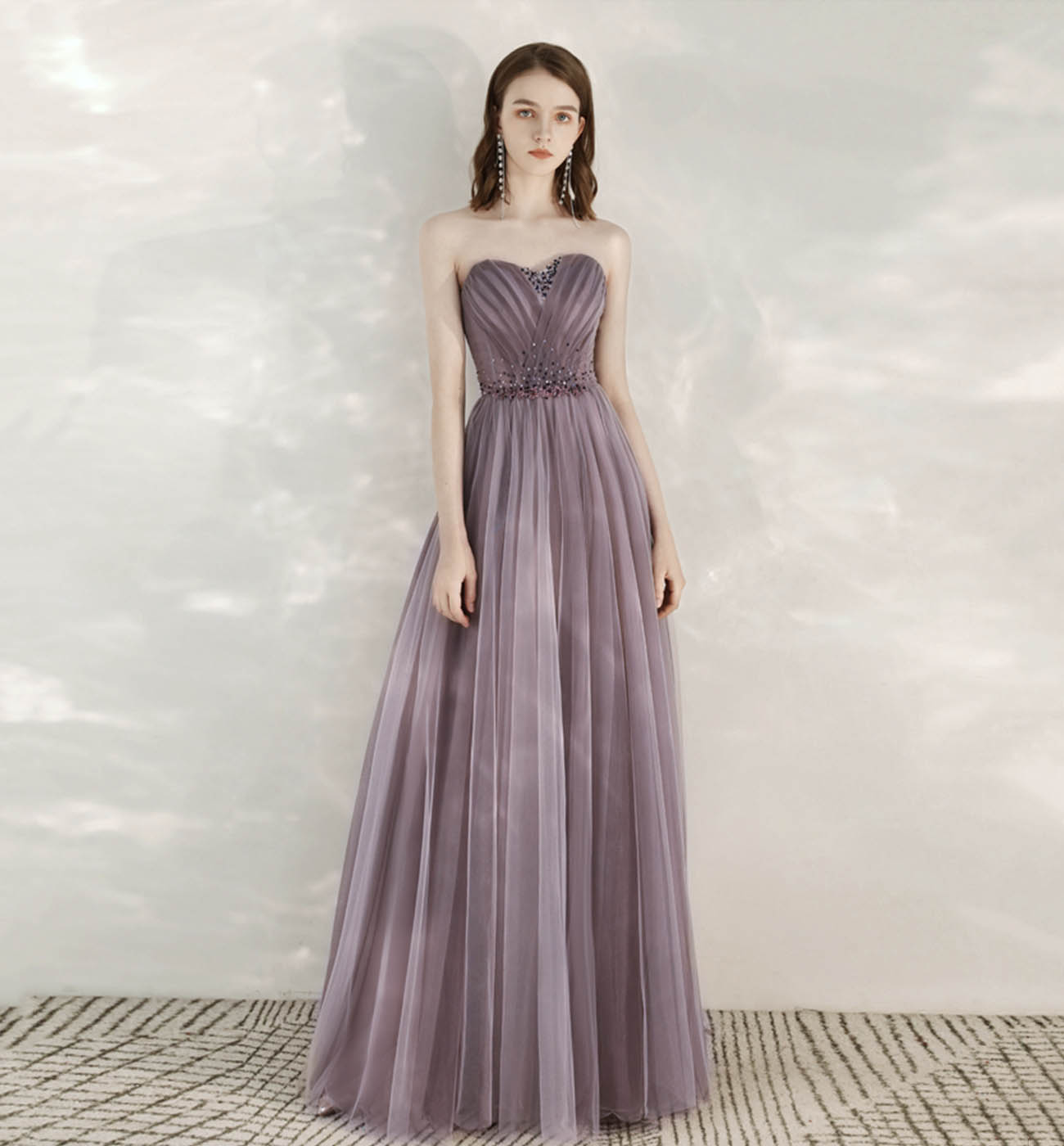 Purple tulle beads long prom dress evening dress 8613