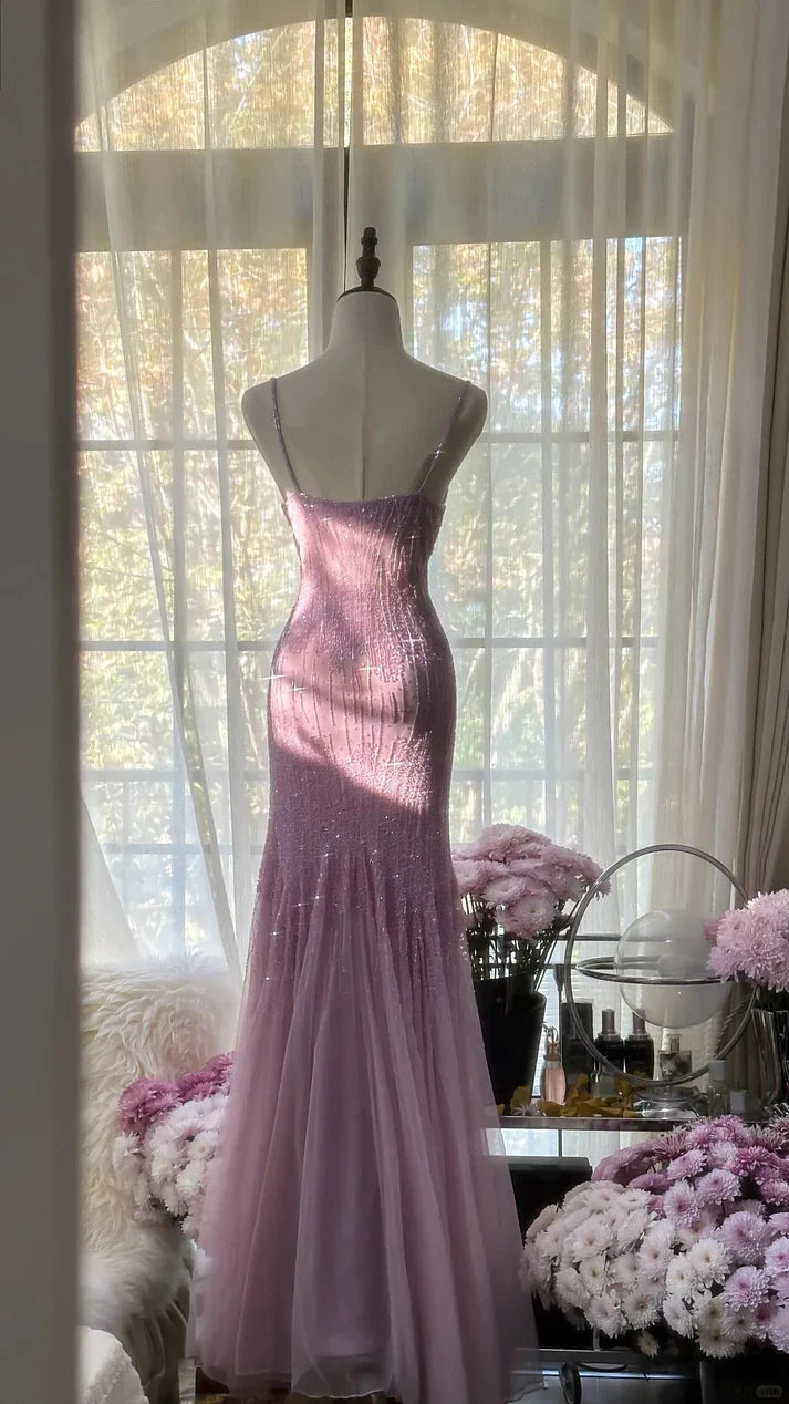 Pink Purple Gorgeous Shiny Elegant Exquisite Beaded Mermaid Slim Fit Long Chiffon Spaghetti Straps Tulle Sequins Formal Prom Dress Evening Dress Party Dress gh3654