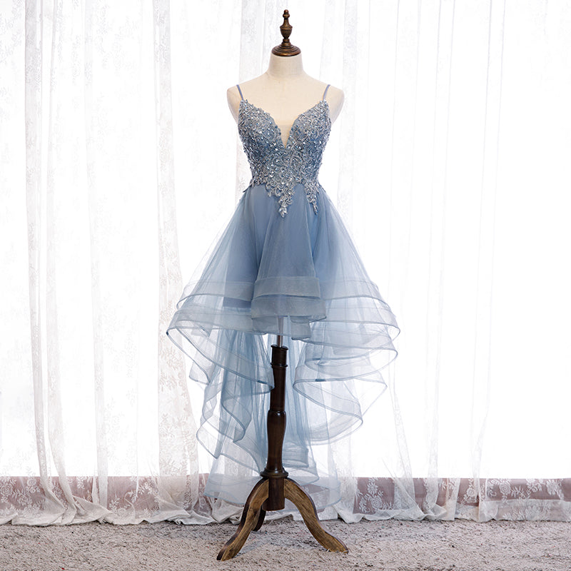 Cute v neck lace short prom dress high low evening dress 8315