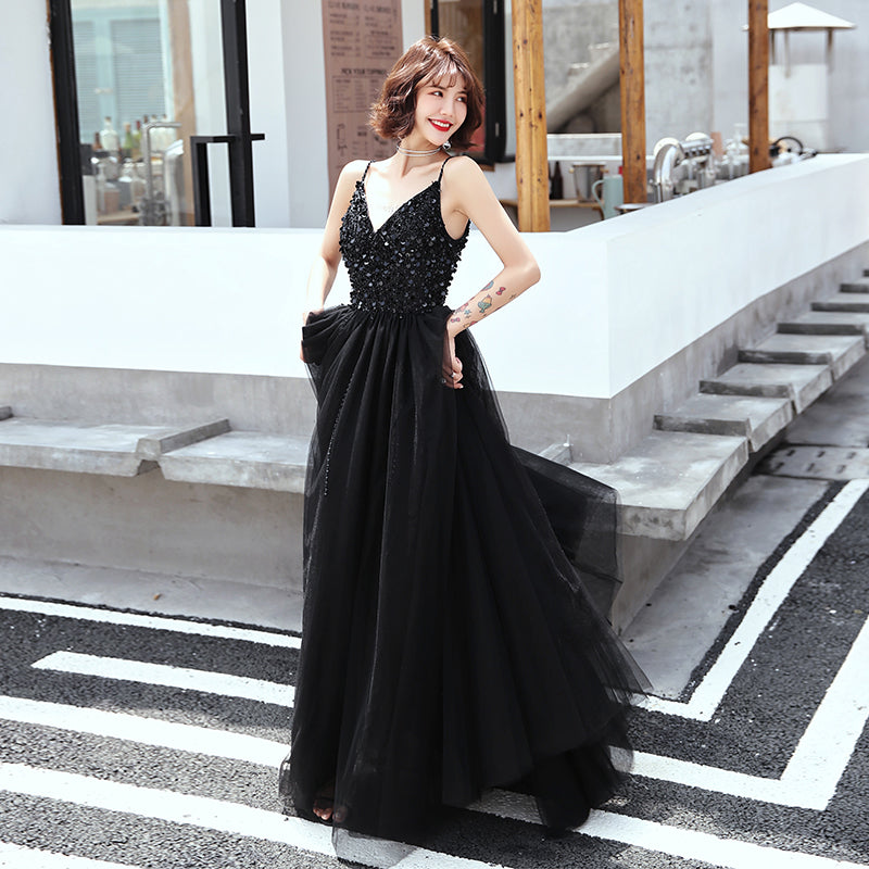 Black v neck tulle sequins long prom dress, evening dress 8133
