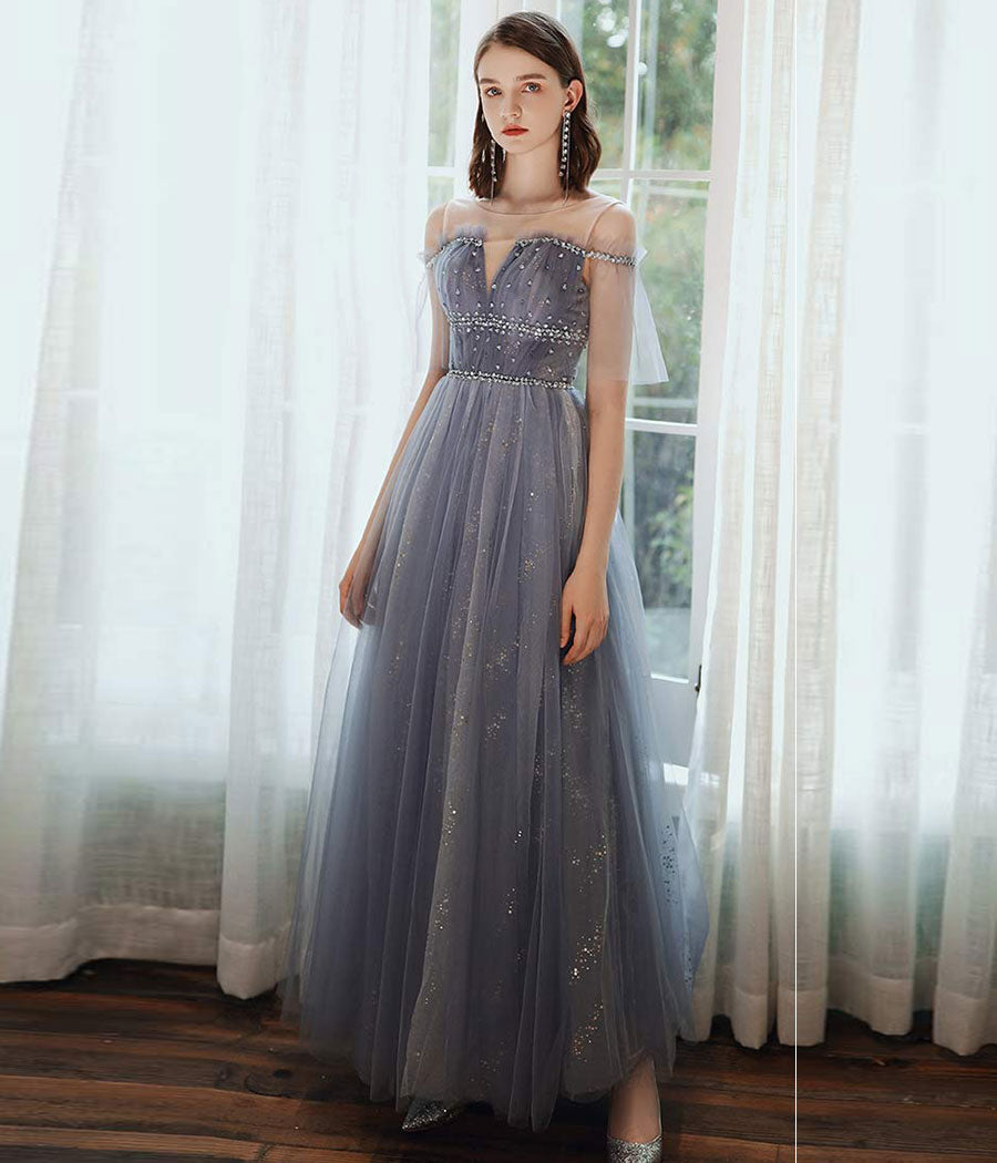 A line tulle sequins long prom dress 8341